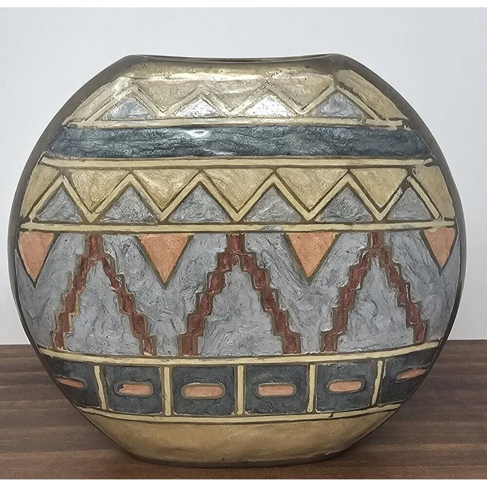 Vintage Small Geometric Enameled Painted Multicolor Brass Vase India 5